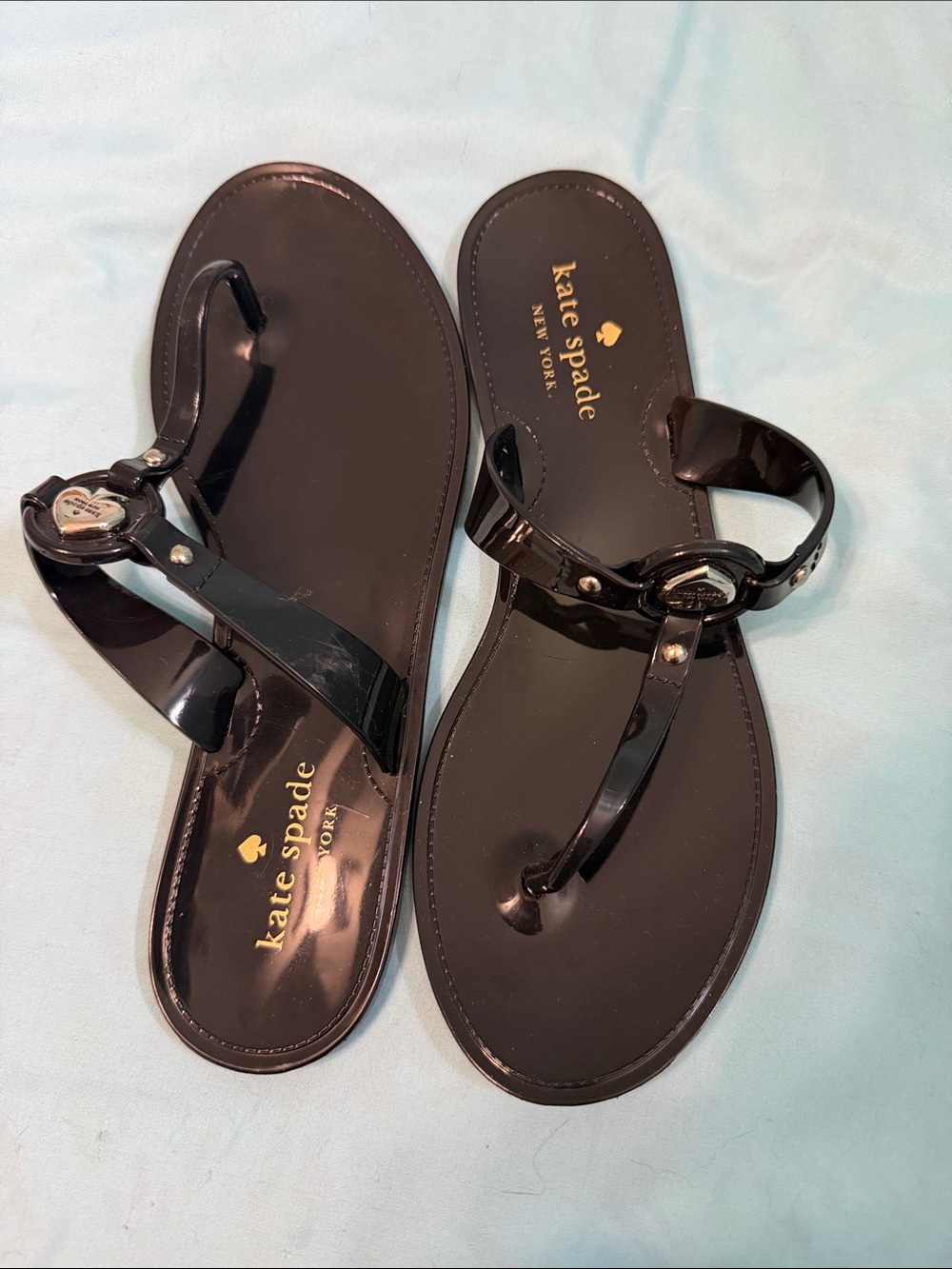 kate spade Black Patent Thong Sandals with Heart Medallions